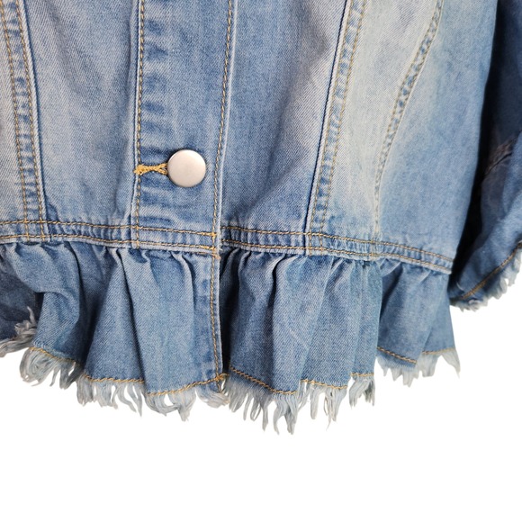 Allegra K Blue Cropped Denim Jacket XL Ruffle Short Sleeve Frayed Hem Y2K - Picture 3 of 10
